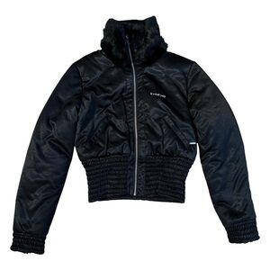 Bebe Y2K Black Puffer Jacket Goose Down Feather Rabbit Fur Lining